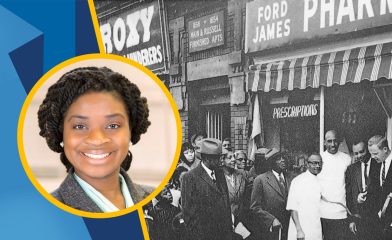 Professor Cheryl Wisseh and an archival photo of Ford James Pharmacy, one of the pioneering black-owned drug stores
