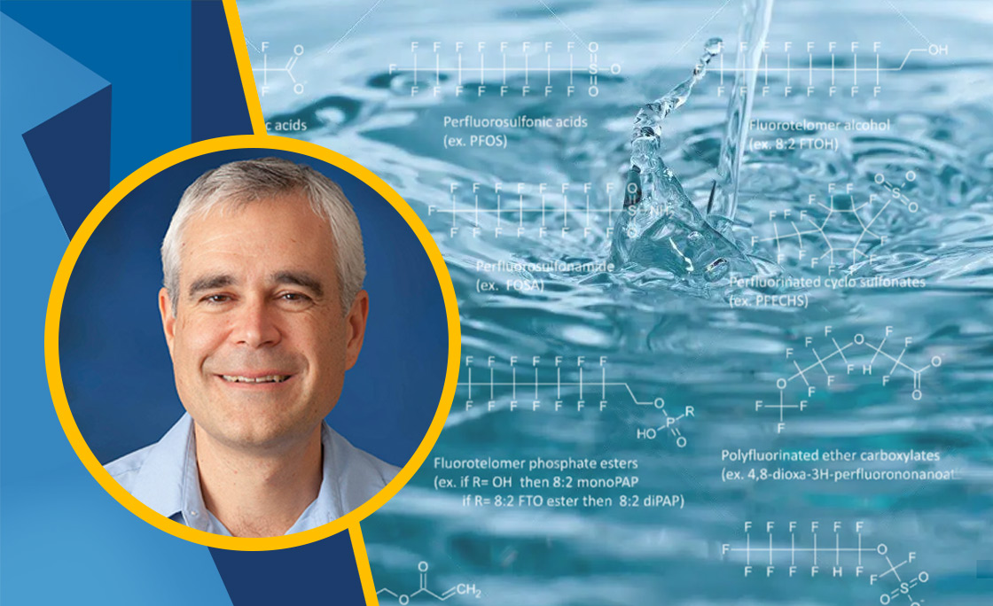 Professor Scott Bartell against an abstract background of water and PFAS molecules