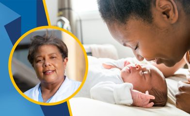 Dr. Carol Major with a photo of a black mother with her new born